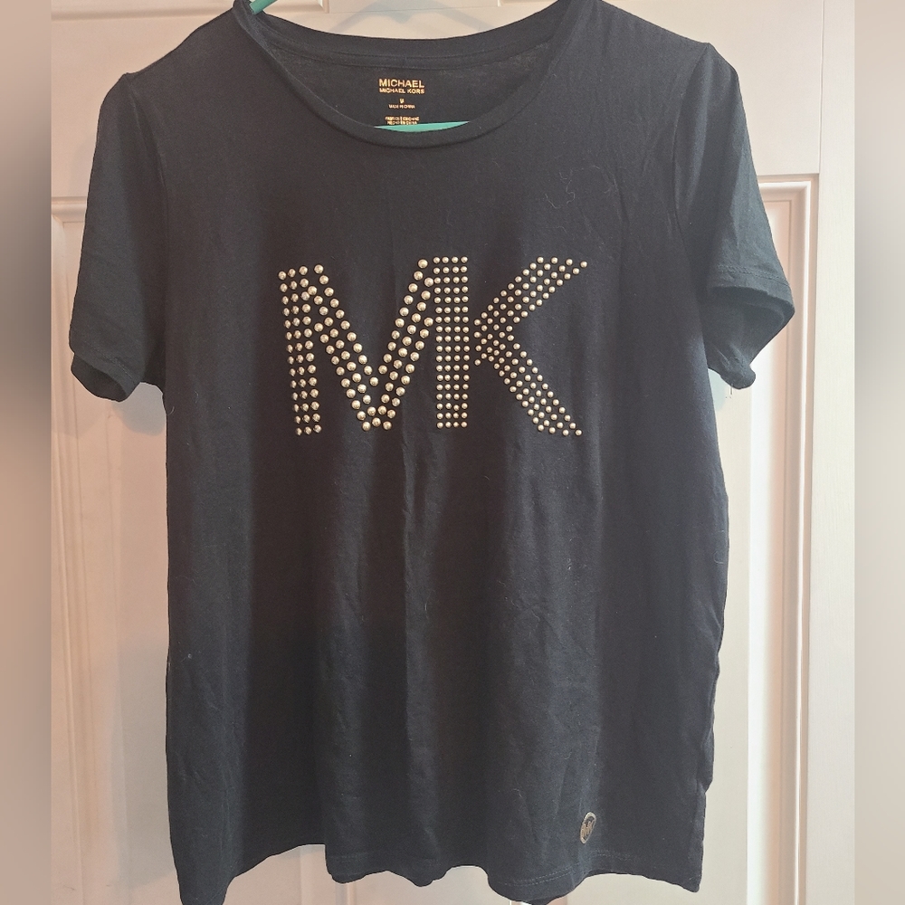 MICHAEL KORS BLACK WOMENS T-SHIRT WITH GOLD LOGO